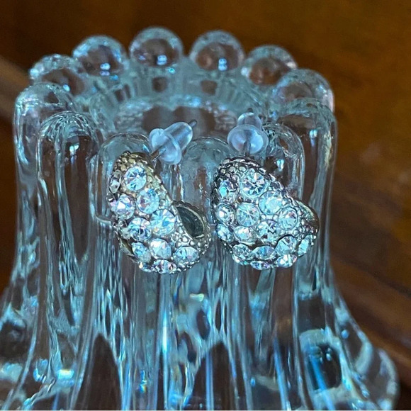 Crystal Rhinestone Encrusted Silver Enamel  Huggie Earrings - Picture 2 of 6